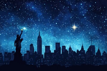 Silhouette of the New York City skyline with the Statue of Liberty under a starry night sky, Silhouette of cityscape and Statue of Liberty with falling star in night sky