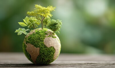 A textured globe with greenery symbolizes environmental sustainability and nature conservation.