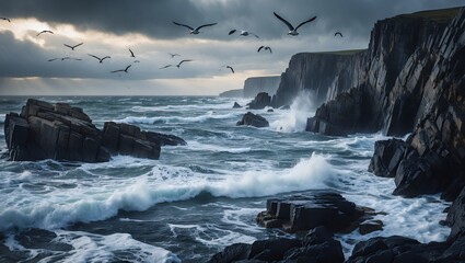 Dramatic Cliffs and Crashing Waves along the Coast with Flying Birds