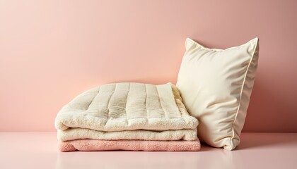 Soft nursing pillow beside a cozy baby blanket on pink background  
