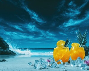 Tropical cocktails on a beach at night