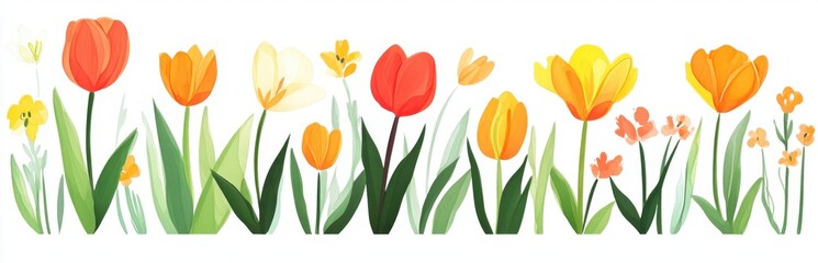 Obraz premium A vibrant illustration showcasing an array of spring flowers in bright colors. This artwork highlights tulips and blossoms, bringing joy to any project focused on nature or seasonal beauty.