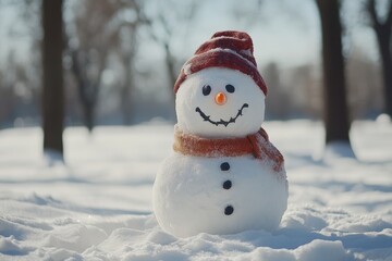 Fototapeta premium Snowman stands cheerfully in a snowy park during wintertime with bright sun shining, snowman smile in park when winter covered by snow Photo background ing