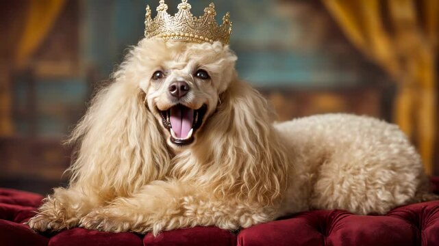 Portrait of a regal cream poodle with a golden crown lying elegantly on a red cushion