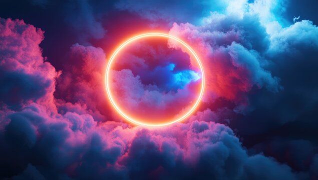 Neon ring framed by dramatic clouds - Powered by Adobe