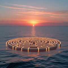 Circle floating maze above calm sea at sunset concept of decision making and life journey background copy space