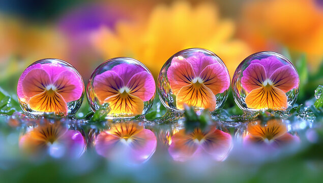 Macro water drops on grass, reflection of vibrant flowers