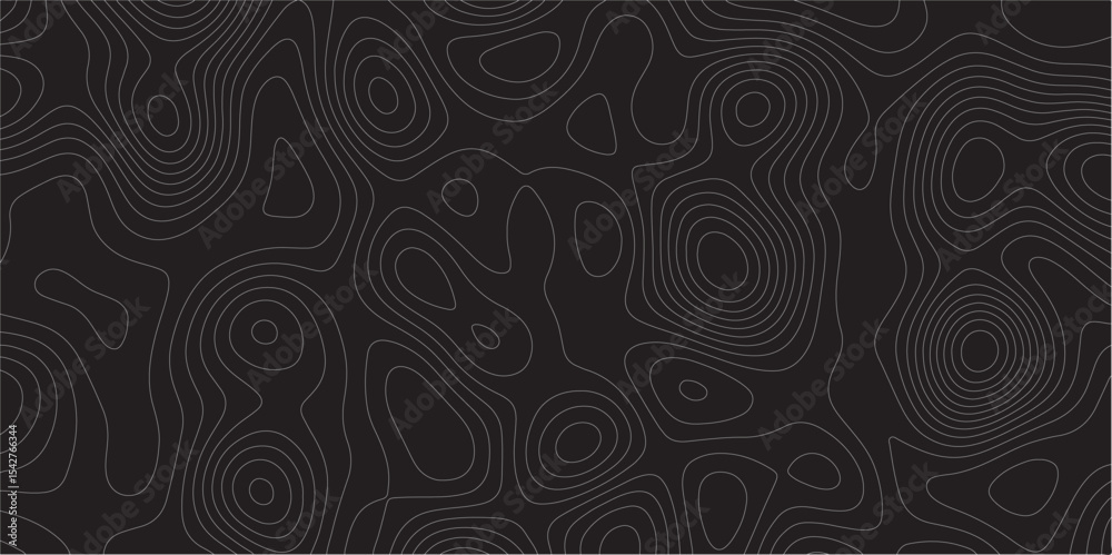 Poster Abstract white on black background Topographic line map pattern. Contour elevation topographic and textured Background Modern design with black background with topographic wavy patted.	