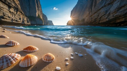 Seashells on Beach with Gentle Wave and Cliffside at Sunrise