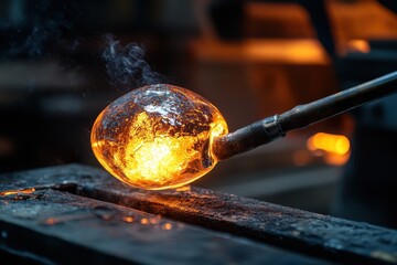 Crafting molten glass into shapes at high temperature in traditional glassblowing workshop, Molten glass at end of blowpipe being shaped in fiery workshop environment