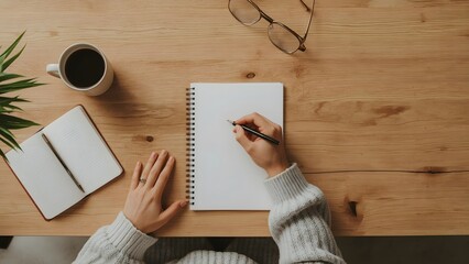 Top view of woman writing in notebook at table with cup of coffee