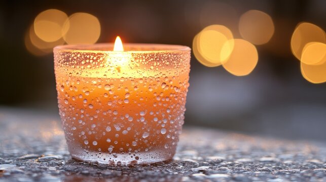 Glowing candle in dew-covered glass, bokeh background