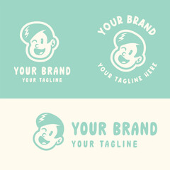 Retro cartoon boy logo with angry expression in blue and white. Perfect for playful, edgy, or youth-oriented branding. Editable EPS vector for scalable use in any design project