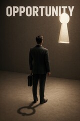 A Man Stands Before a Keyhole of Opportunity, Contemplating His Future and Career Path, Ready to Seize the Moment and Achieve Success