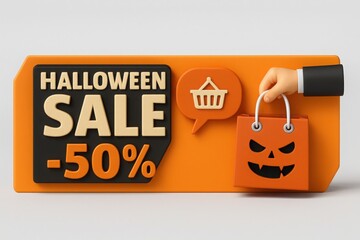 Halloween Sale Promotion with 50 Percent Discount and Shopping Bag with Pumpkin Face on Orange Background for Seasonal Marketing