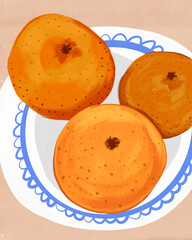 Watercolor illustration still life of a plate of oranges. Fruit artwork for posters, kitchen and restaurant prints, packaging, social media.