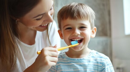 Child brushing teeth with mother's help, teaching hygiene at home