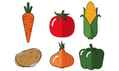 A colorful flat design illustration featuring six common vegetables: a carrot, a tomato, corn on the cob, a potato, an onion, and a green bell pepper,