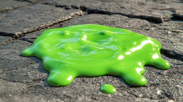 Gooey bright green slime puddle on dark gray stone surface - Powered by Adobe