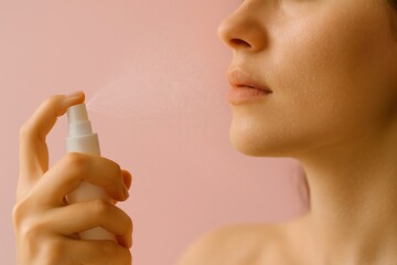 Woman Spraying Facial Mist on Skin