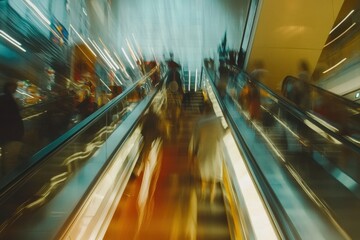 Busy shopping mall escalator with people moving in various directions during peak hours, Shopping mall busy scene People on escalator move fast with blurred motion effect