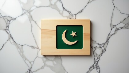 Wooden board featuring the painted Pakistan flag on marble background  