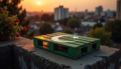 Painted Pakistan flag on wooden board during sunset over cityscape  