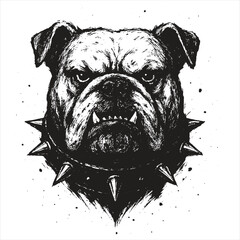 Tough bulldog head with spiked collar, growling in gritty black ink art.