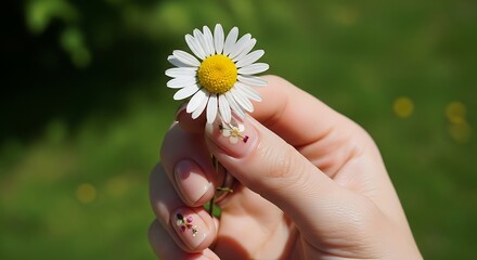 Delicate daisy held in hand with floral nail art against a blurred green backdrop
