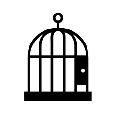 Minimal black vector clipart of a vintage-style bird cage with door and hook