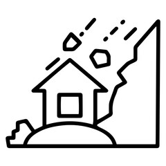 Outline style image depicts a house at the base of a cliff or mountain, with rocks and debris falling from the peak towards it, symbolizing a rockfall, natural disaster, or a geological hazard