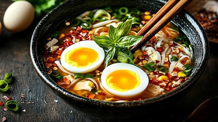 A Taste of Japan: An overhead shot of a traditional ramen dish with a pair of chopsticks gracefully poised, hinting at a culinary journey through Japan's most beloved cuisine. 