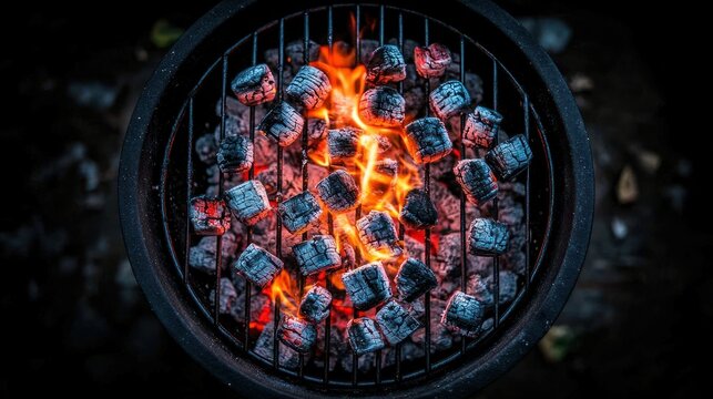 Hot charcoal briquettes burning in round grill, top view