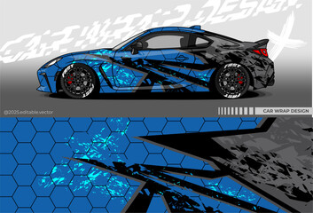 Car Wrap Design with black and blue colour. Abstract livery decal. Mockup template wraping for car. Suitable for racing, rally, drift, or daily use © Gayuhdesu