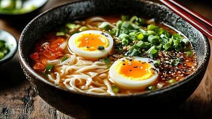 Aromatic Ramen: An inviting bowl of ramen noodles, featuring a rich broth, perfectly cooked eggs, and fresh garnishes. This image is a feast for the eyes and a celebration of culinary artistry.