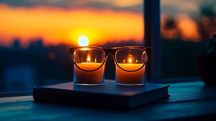 Sunset Candlelight Reading: Two lit candles on a book, glasses perched atop, silhouetted against a vibrant sunset, create a serene and contemplative mood.