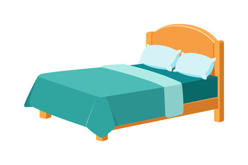 Isometric illustration of a double bed with two pillows and teal bedspread on white