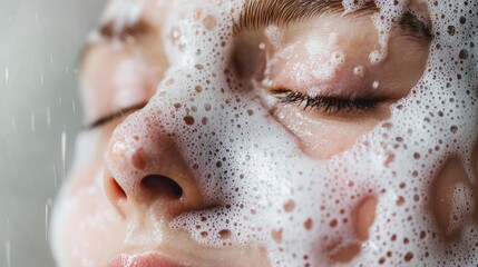 Closeup of foamy facial cleanser being applied