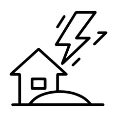 Outline style image depicts a house on a mound of ground being struck by a lightning bolt, denoting a natural disaster, severe weather event, or electrical hazard. Related to destructive power