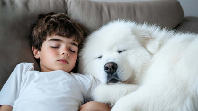 A fluffy dog and a boy sleeping side by side on a couch in a tranquil atmosphere. 