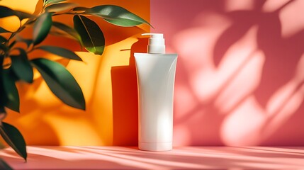White Lotion Bottle Mockup: A sleek white lotion bottle with a pump dispenser sits elegantly against a vibrant orange and pink background, accented by the shadow of a lush green plant.