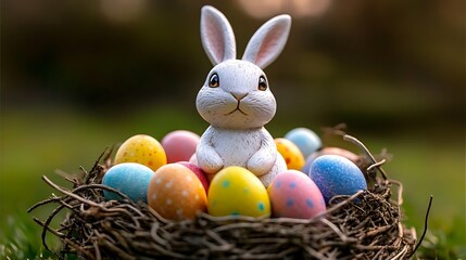 Easter Bunny and Egg: A charming Easter bunny sits amidst a nest of vibrant, colorful eggs, capturing the joyful spirit of the spring season and Easter. 