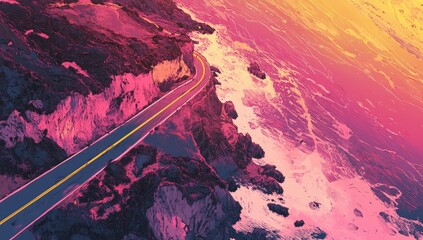 Coastal road at sunset, vibrant colors