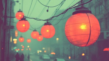Lanterns glow on a misty city street at twilight