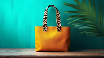 Fashionable Tote Bag: A vibrant, photorealistic yellow tote bag, adorned with a unique animal print handle, is displayed against a lush tropical background. A fusion of style and nature.