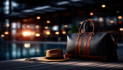 Stylish travel bag and accessories on a wooden surface
