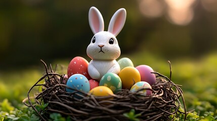 Easter Bunny and Egg Nest: A charming Easter scene showcasing a cute white bunny nestled among colorful eggs in a natural nest setting, creating a vibrant display of springtime joy.