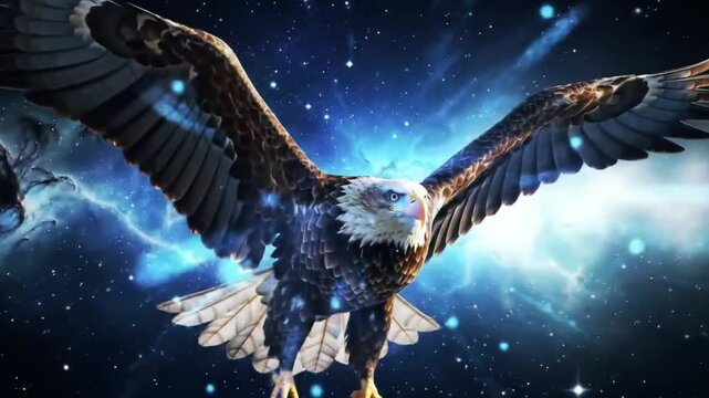 An artistic rendering of an eagle in flight, depicted with glowing blue and white tones against a dark, cosmic-like background filled with sparkling blue particles and light streaks, creating a mystic