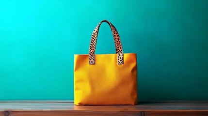 Golden Tote Bag with Leopard Print Accents: A stylish golden tote bag with leopard print handles sits gracefully on a wooden surface, against a vibrant teal backdrop.