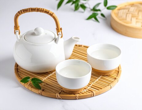 ceramic teapot, cups and bamboo chaban